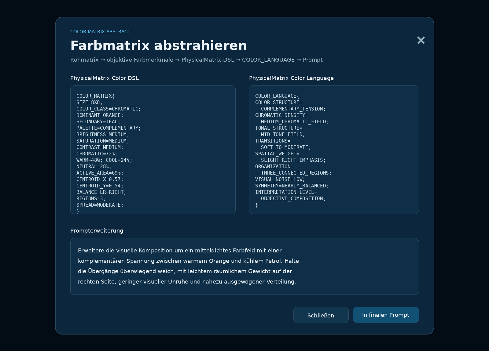 HapticAI Abstract-Popup mit Color DSL, Color Language und Prompterweiterung