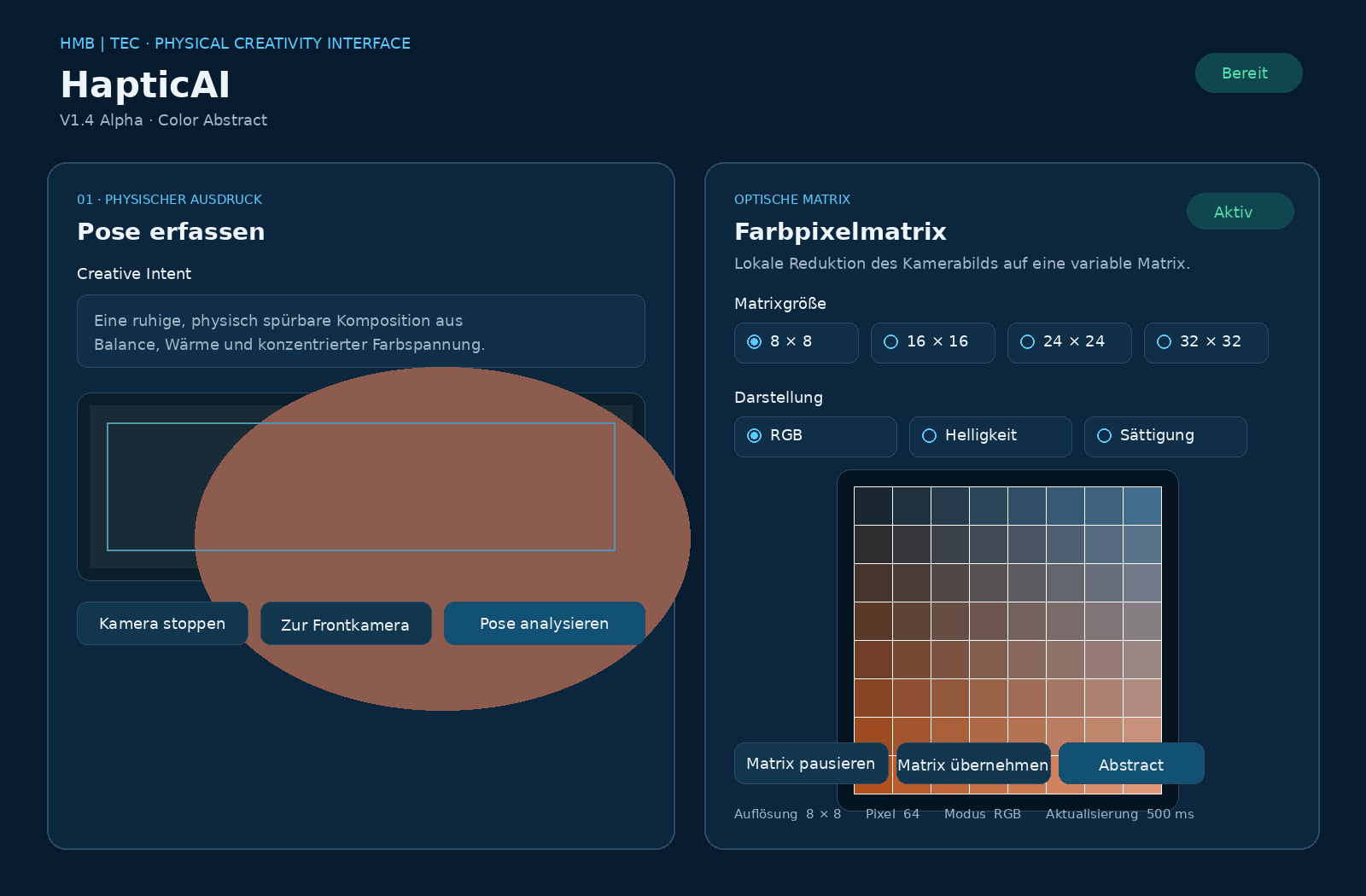 HapticAI Benutzeroberfläche mit Kamerabereich, variabler Farbpixelmatrix und Abstract-Schaltfläche