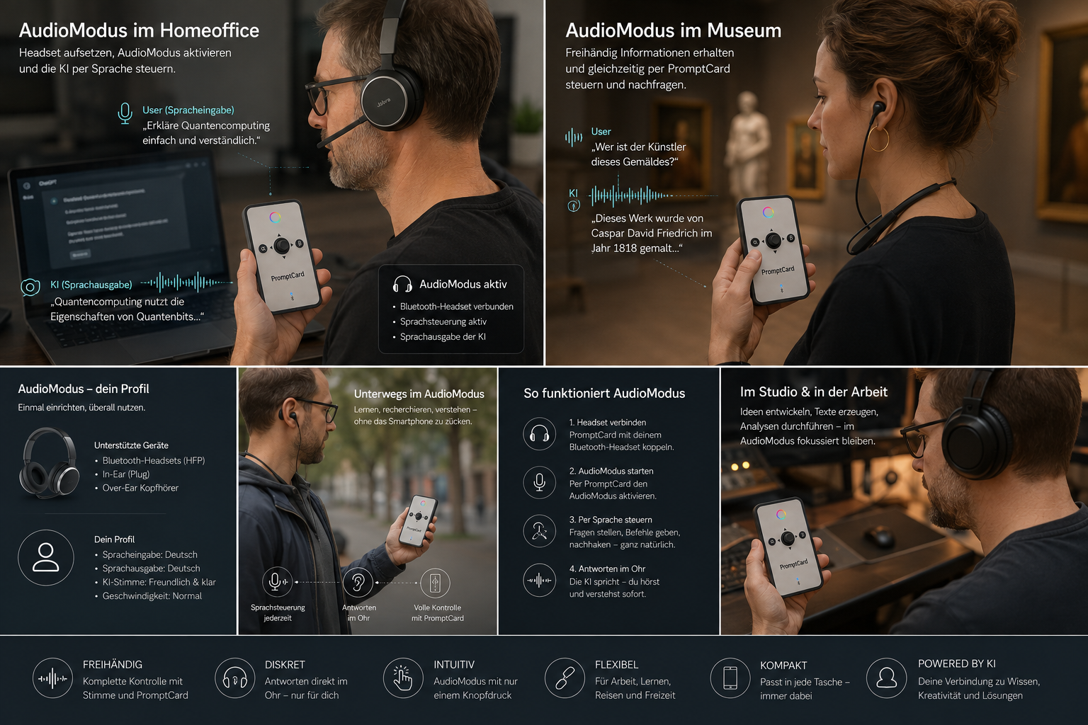 PromptCard AudioMode mit Bluetooth Headset, Museum und Homeoffice