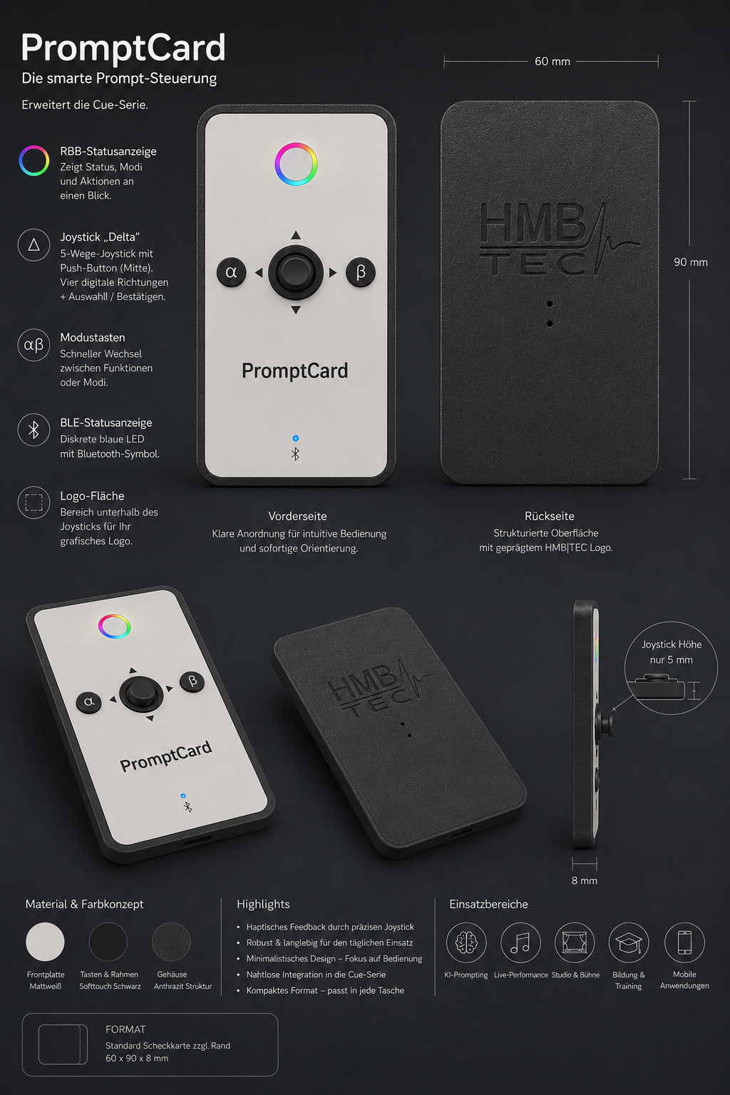 PromptCard Produktdesign mit RGB-Statusanzeige, Alpha- und Beta-Tasten und Delta-Joystick