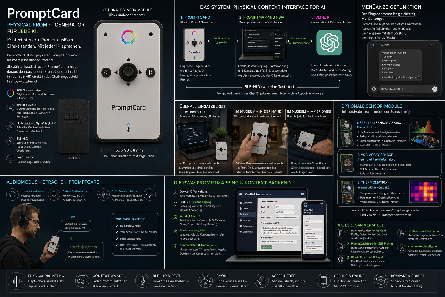 PromptCard Infografik mit PromptMapping PWA, Sensoroptionen und Anwendungen