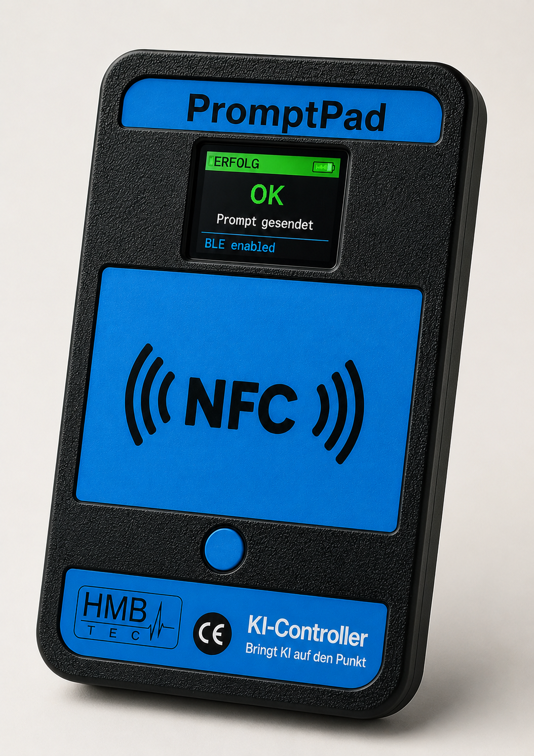 PromptPad KI-Controller von HMB|TEC mit NFC-Lesefläche und Farbdisplay
