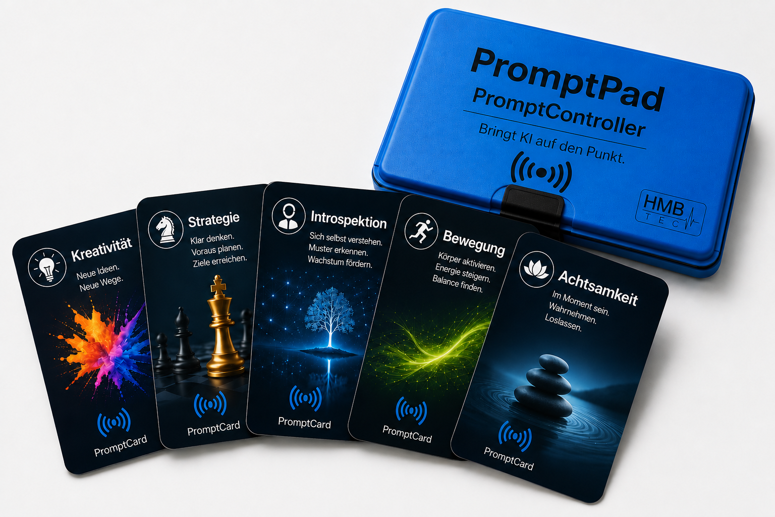 Fünf NFC-PromptCards mit PromptPad Etui